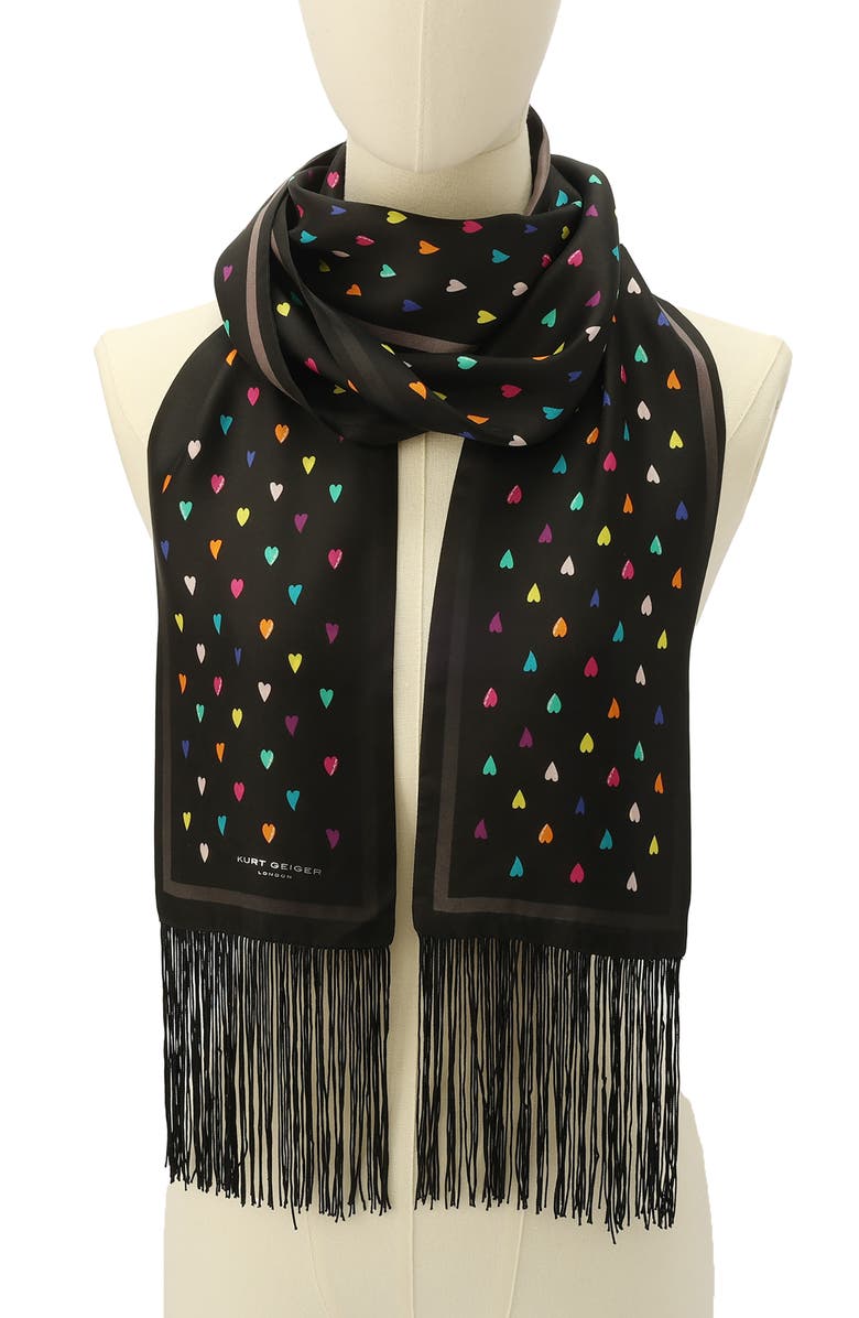 Kurt Geiger London Rainbow Heart Print Party Fringe Silk Scarf, Alternate, color, Classic Rainbow