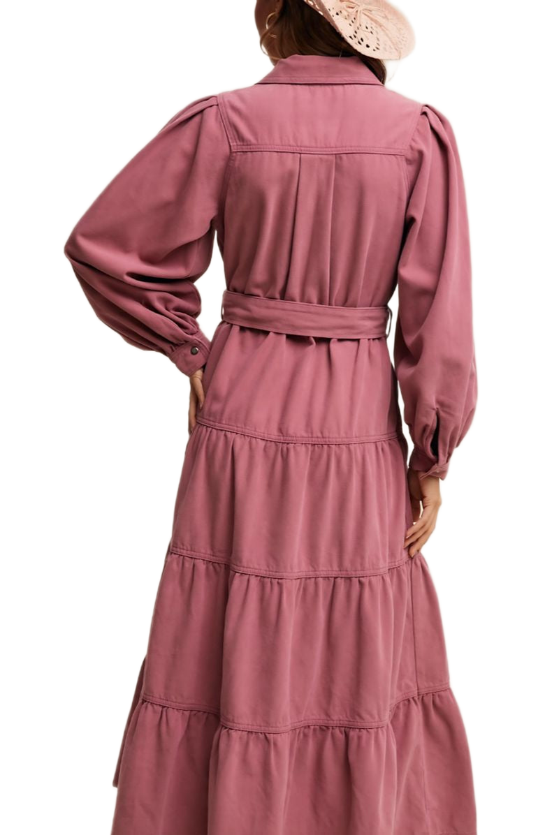 Knit and Lounge Rose Tiered Belted Button Down Maxi Shirt Dress, Alternate, color, Rose