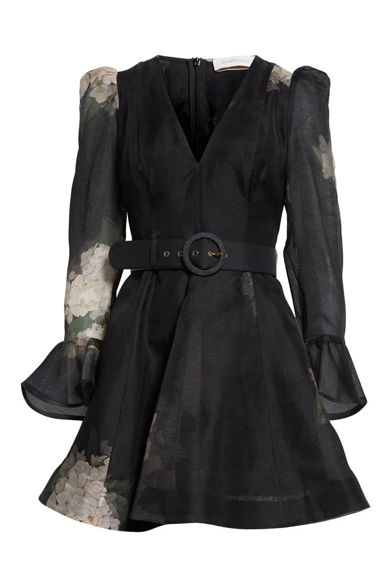 Balance Long Sleeve Belted Linen & Silk Fit & Flare Minidress, Alternate, color, BLACK HYDRANGEA