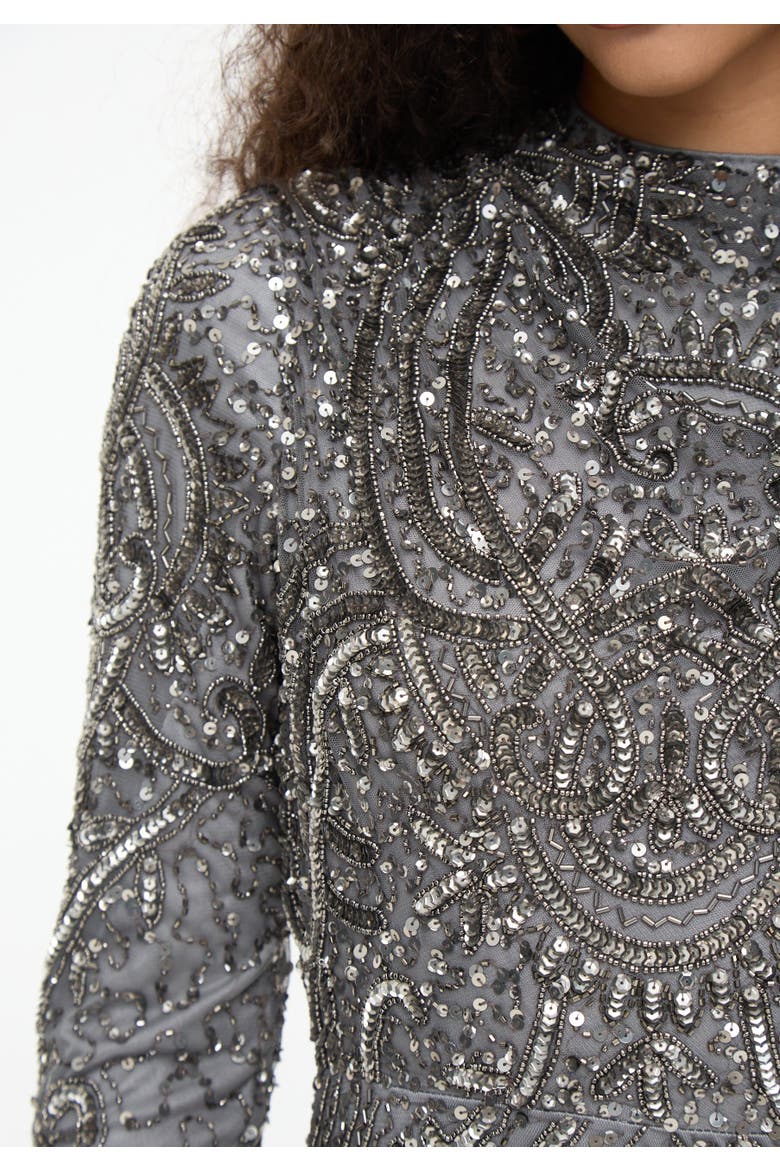 Modest Embellished Sequin Beaded Dress Maxi With Cowl Neck, Alternate, color, CHARCOAL