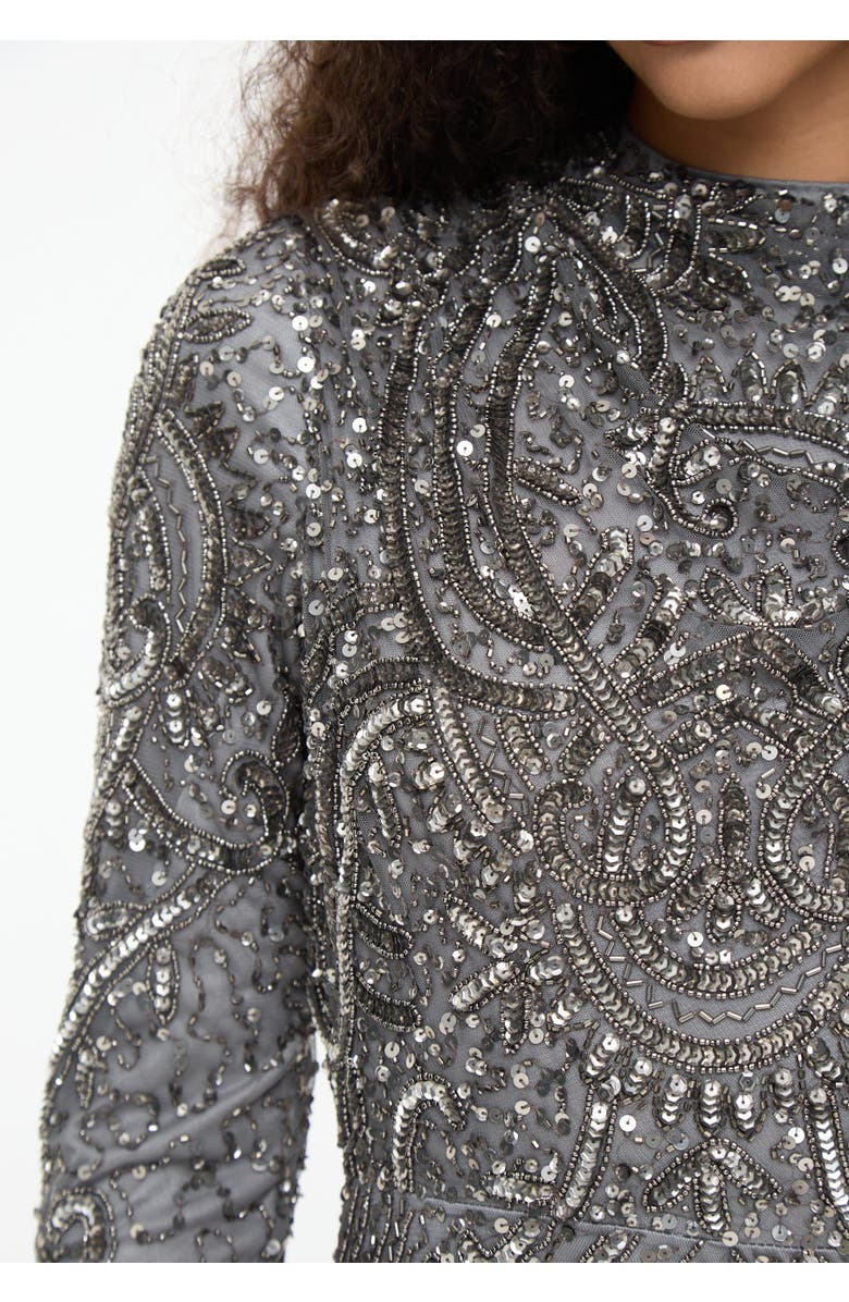 MARYISA Modest Embellished Sequin Beaded Dress Maxi With Cowl Neck, Alternate, color, Charcoal