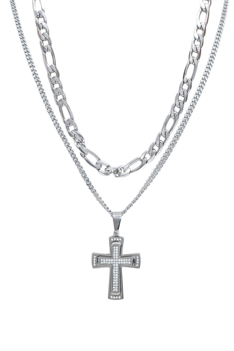 Men's Set of 2 Figaro Chain & Pavé Crystal Cross Pendant Necklaces, Alternate, color, SILVER/ SILVER