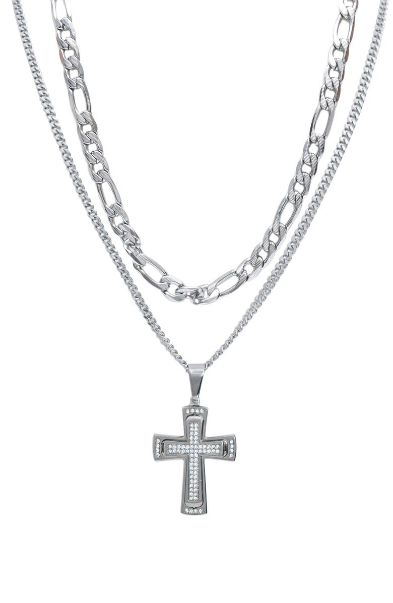 AMERICAN EXCHANGE Men's Set of 2 Figaro Chain & Pavé Crystal Cross Pendant Necklaces, Main, color, Silver/ Silver