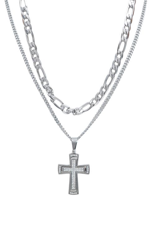 Men's Set of 2 Figaro Chain & Pavé Crystal Cross Pendant Necklaces