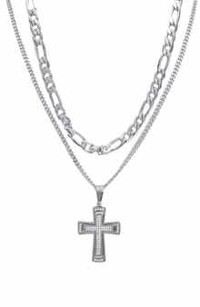 AMERICAN EXCHANGE Men's Set of 2 Figaro Chain & Pavé Crystal Cross Pendant Necklaces