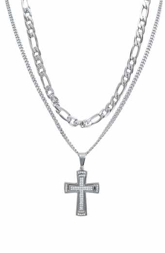 AMERICAN EXCHANGE Men's Set of 2 Figaro Chain & Pavé Crystal Cross Pendant Necklaces