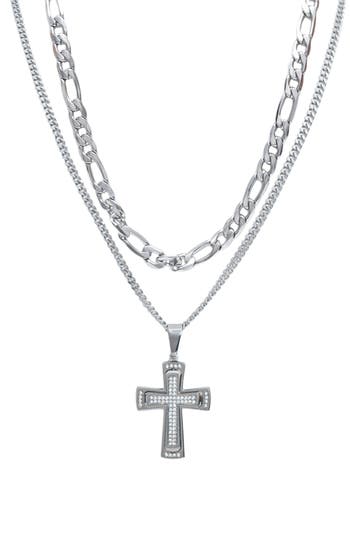 American Exchange Set Of 2 Figaro Chain & Pavé Crystal Cross Pendant Necklaces In Silver/silver