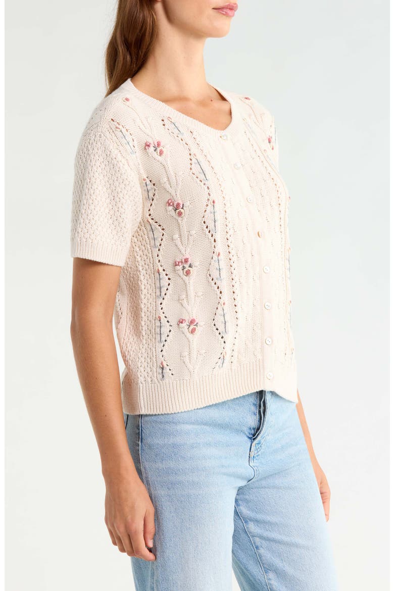 Rosette Short Sleeve Cardigan, Alternate, color, TURTLEDOVE
