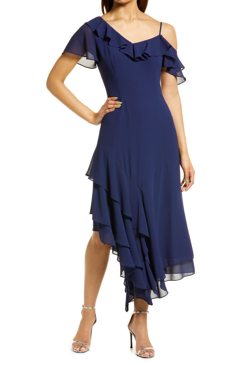Chiffon One-Shouder Dress, Main, color, NAVY