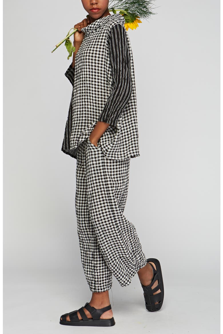 Illustra Checkered And Striped Blended, Gauze Linen Blouse, Alternate, color, Black
