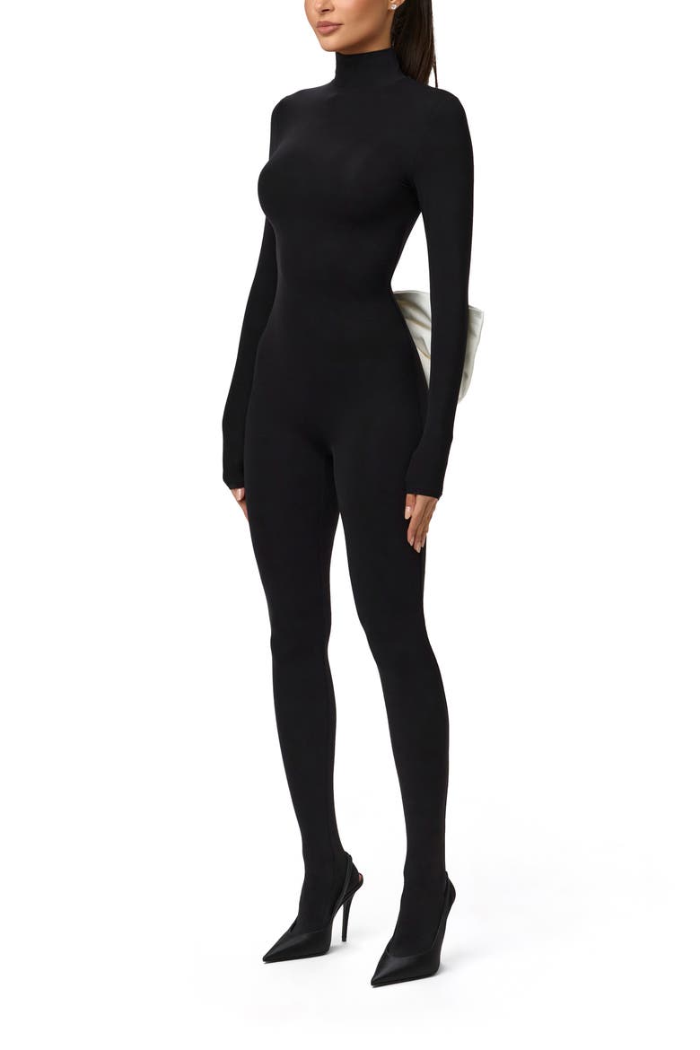 Bow Detail Long Sleeve Jumpsuit, Alternate, color, BLACK/ WHITE