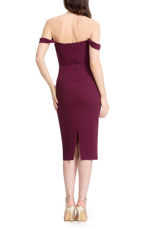 Dress The Population Vickie Off The Shoulder Midi Corset Dress In Burgundy
