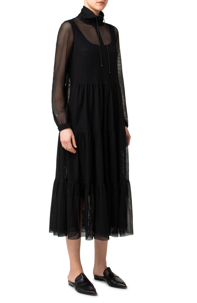 Akris punto Mesh Tiered Long Sleeve Midi Dress, Alternate, color,