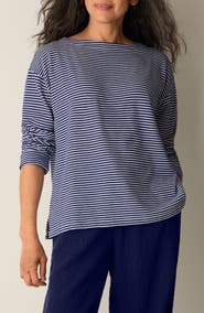Eileen Fisher Striped Organic Cotton Bateau Neck Boxy Top
