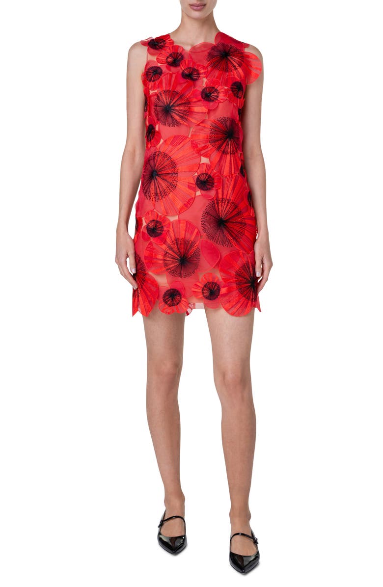 Akris 3D Poppy Appliqué Tulle Sheath Dress, Main, color, Poppy-Black