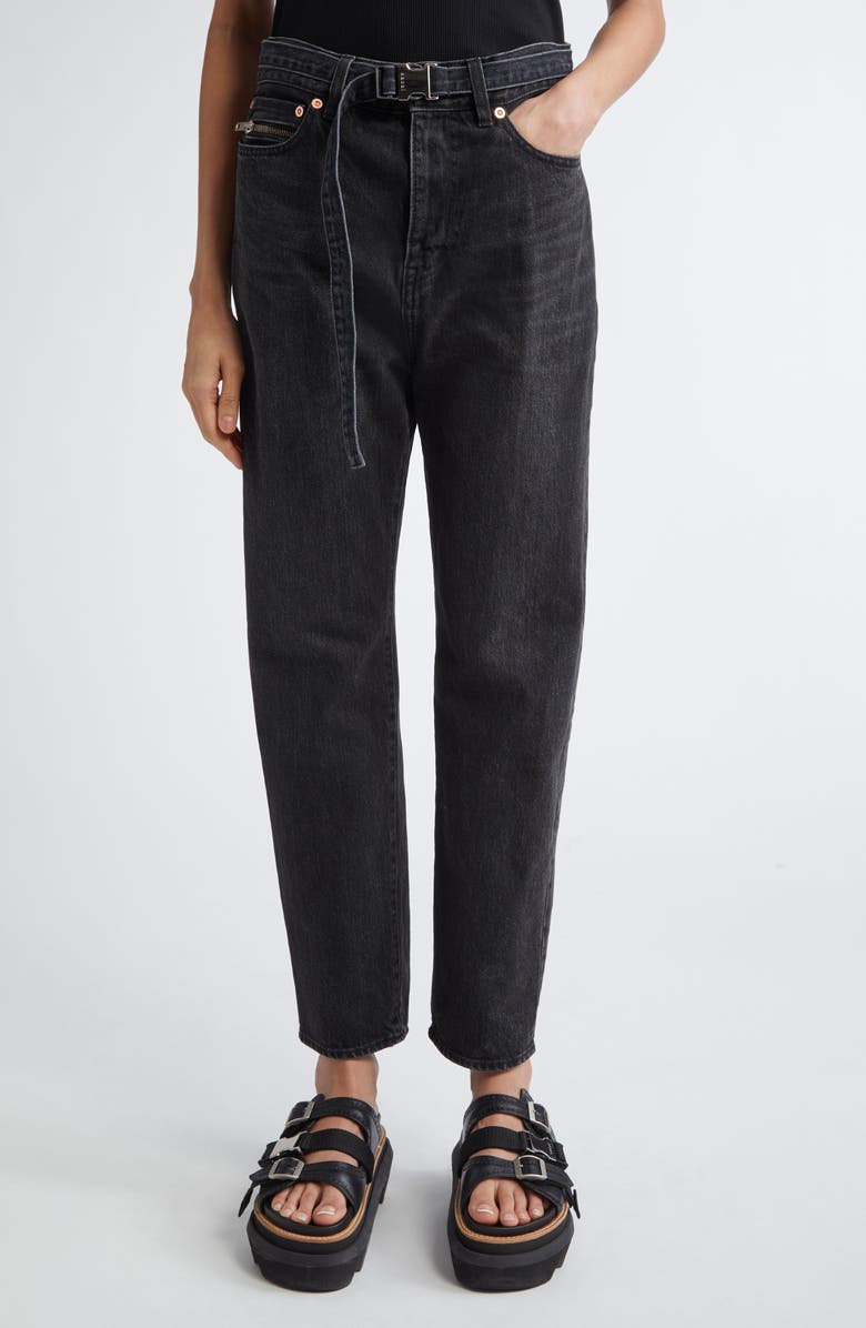 Sacai Belted Straight Leg Jeans, Main, color, Black