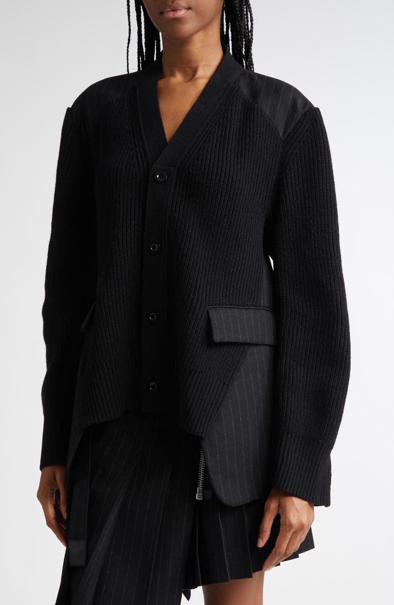 Sacai Mixed Media Wool Cardigan, Alternate, color, 