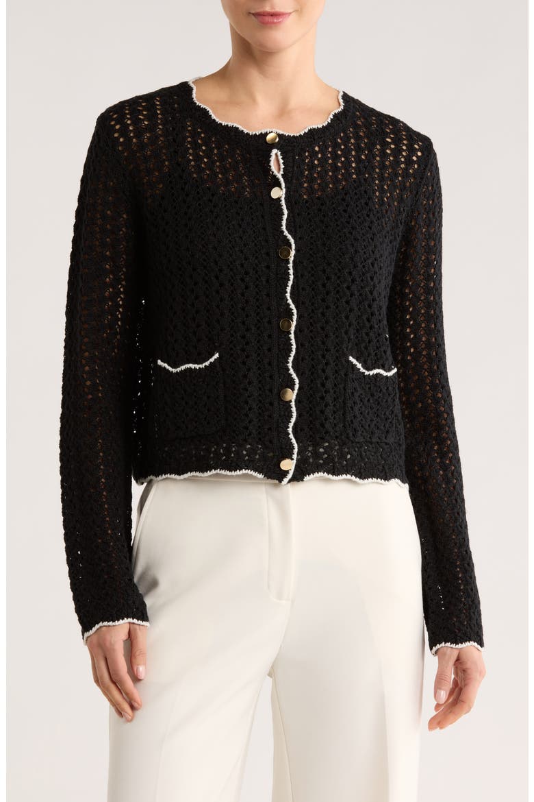 Scallop Edge Open Stitch Cardigan, Main, color, BLACK/ IVORY
