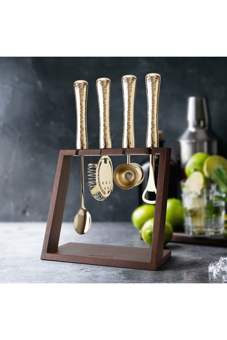 4 Piece Bar Tool Set with Stand - Brass Metal Handles, Alternate, color, Gold