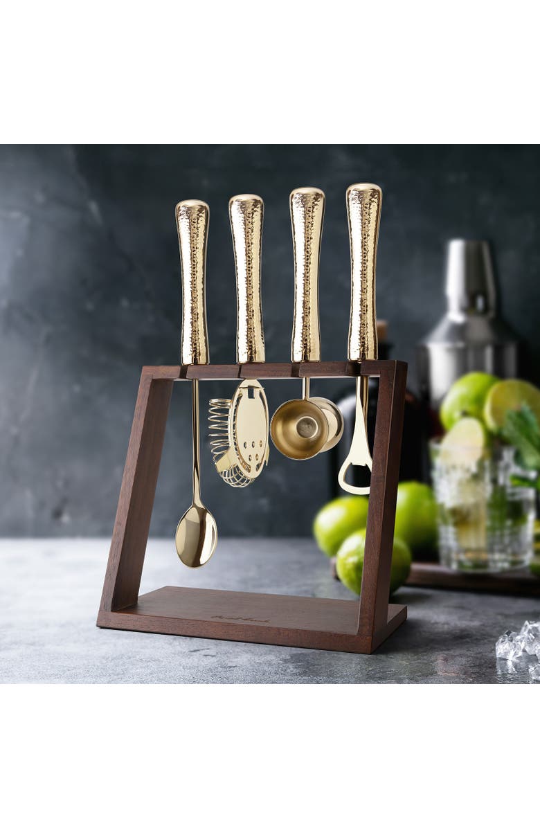 FINAL TOUCH 4 Piece Bar Tool Set with Stand - Brass Metal Handles, Alternate, color, Gold