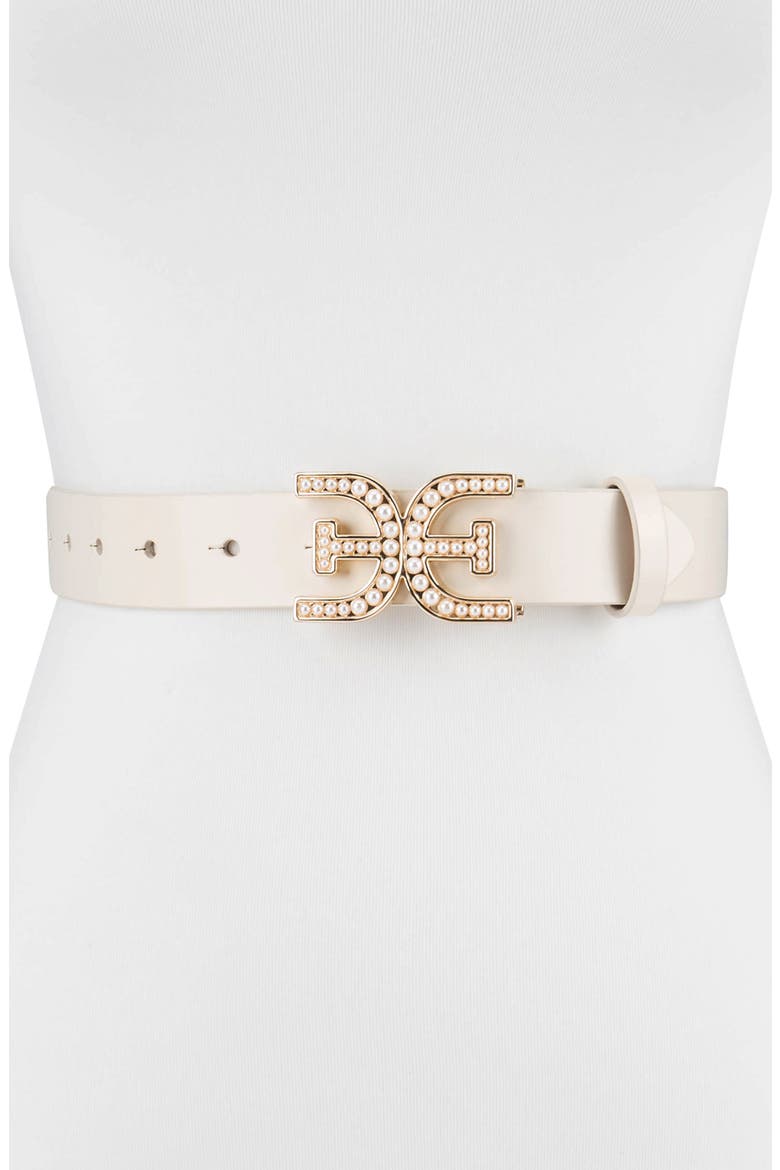 Imitation Pearl Logo Plaque Belt, Main, color, IVORY