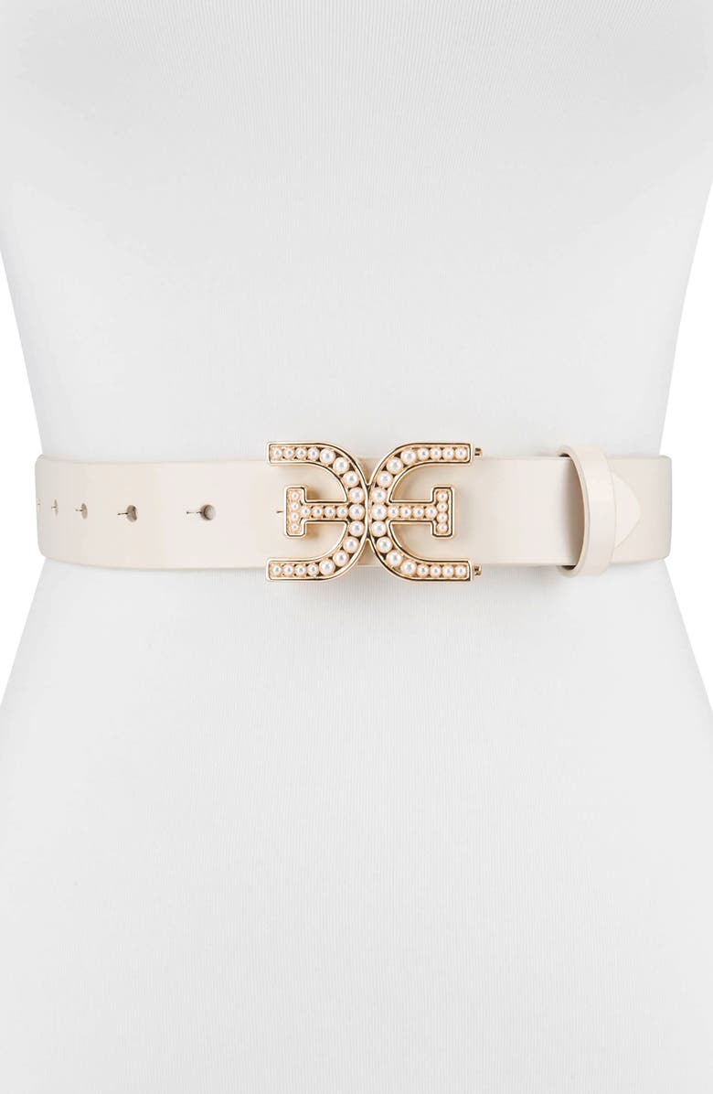 Sam Edelman Imitation Pearl Logo Plaque Belt, Main, color, Ivory