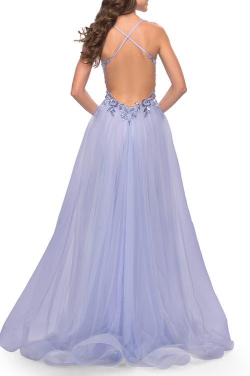 La Femme Tulle A-line Gown With Sheer Bodice And Beaded Lace Detail In Light Periwinkle