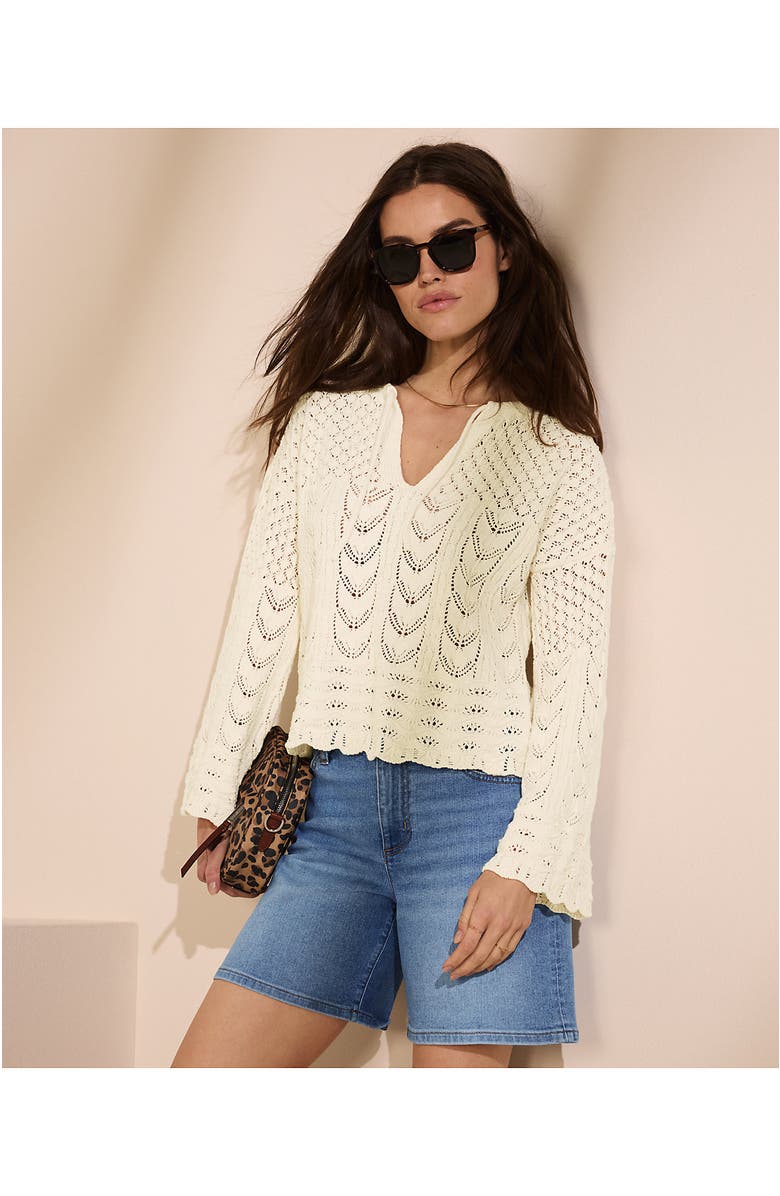 Lands' End Cotton Boucle Pointelle Notch Neck Sweater, Alternate, color, Fresh Ivory