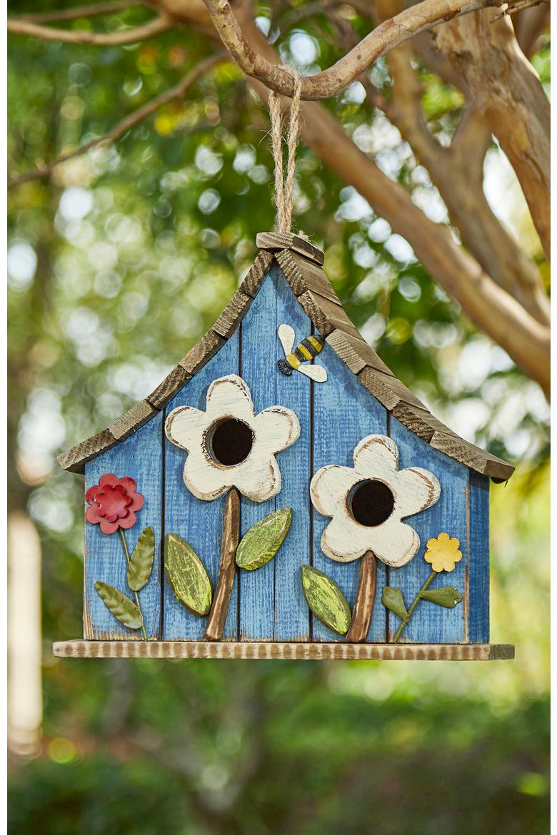 Distressed Solid Wood Birdhouse with 3D Flowers, Alternate, color, Blue