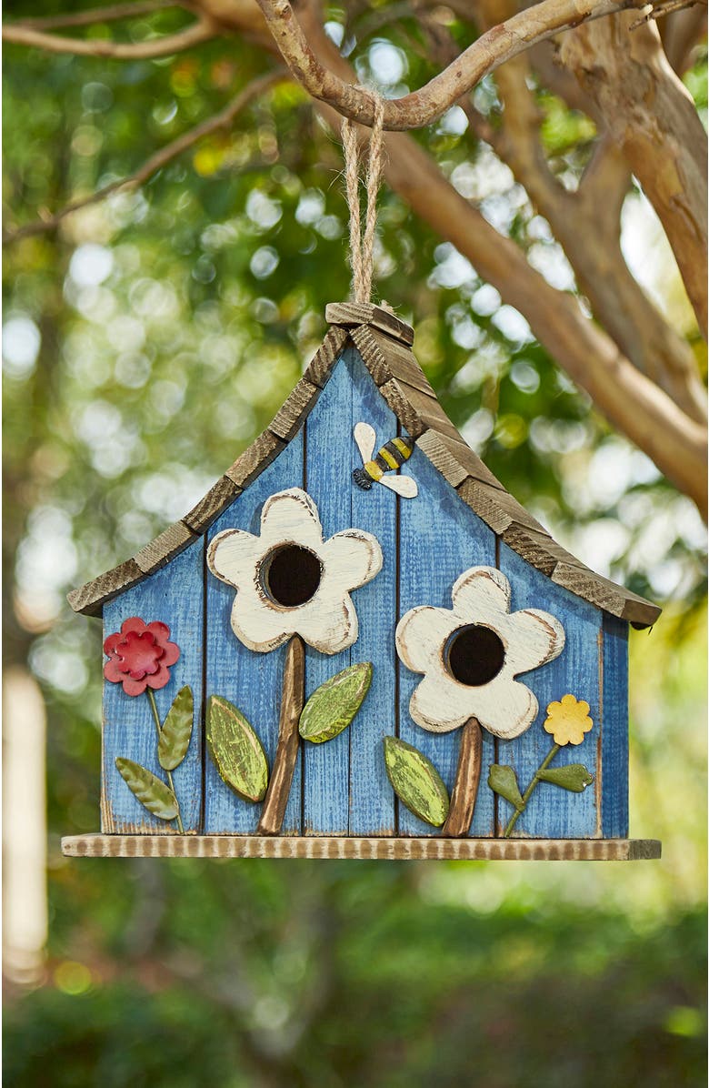 Glitzhome Distressed Solid Wood Birdhouse with 3D Flowers, Alternate, color, Blue