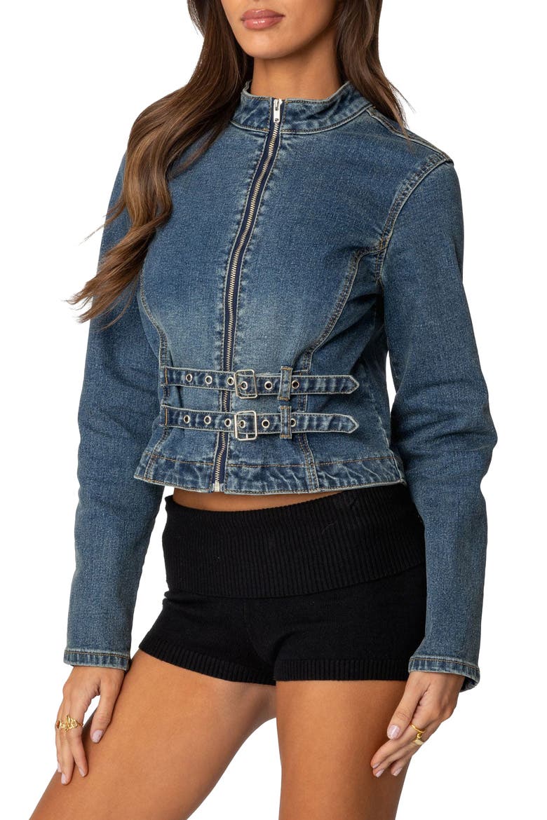 Double Buckle Strap Denim Jacket, Alternate, color, BLUE