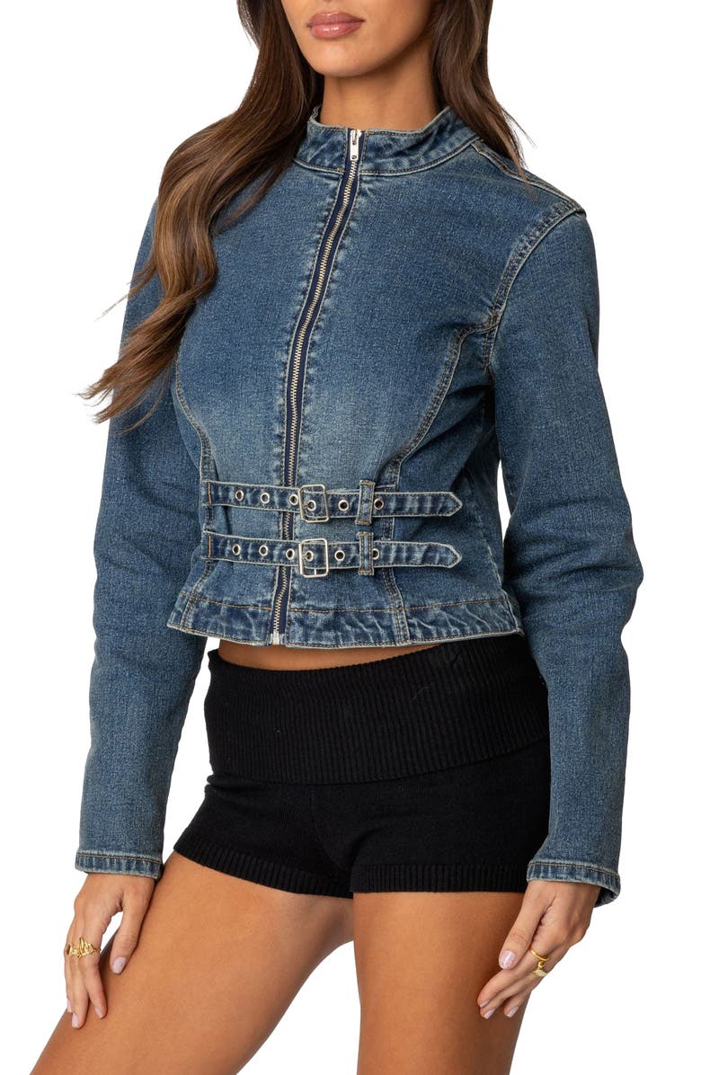 EDIKTED Double Buckle Strap Denim Jacket, Alternate, color, Blue
