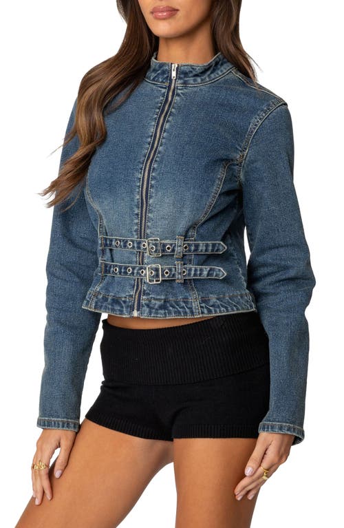 Edikted Double Buckle Strap Denim Jacket In Blue