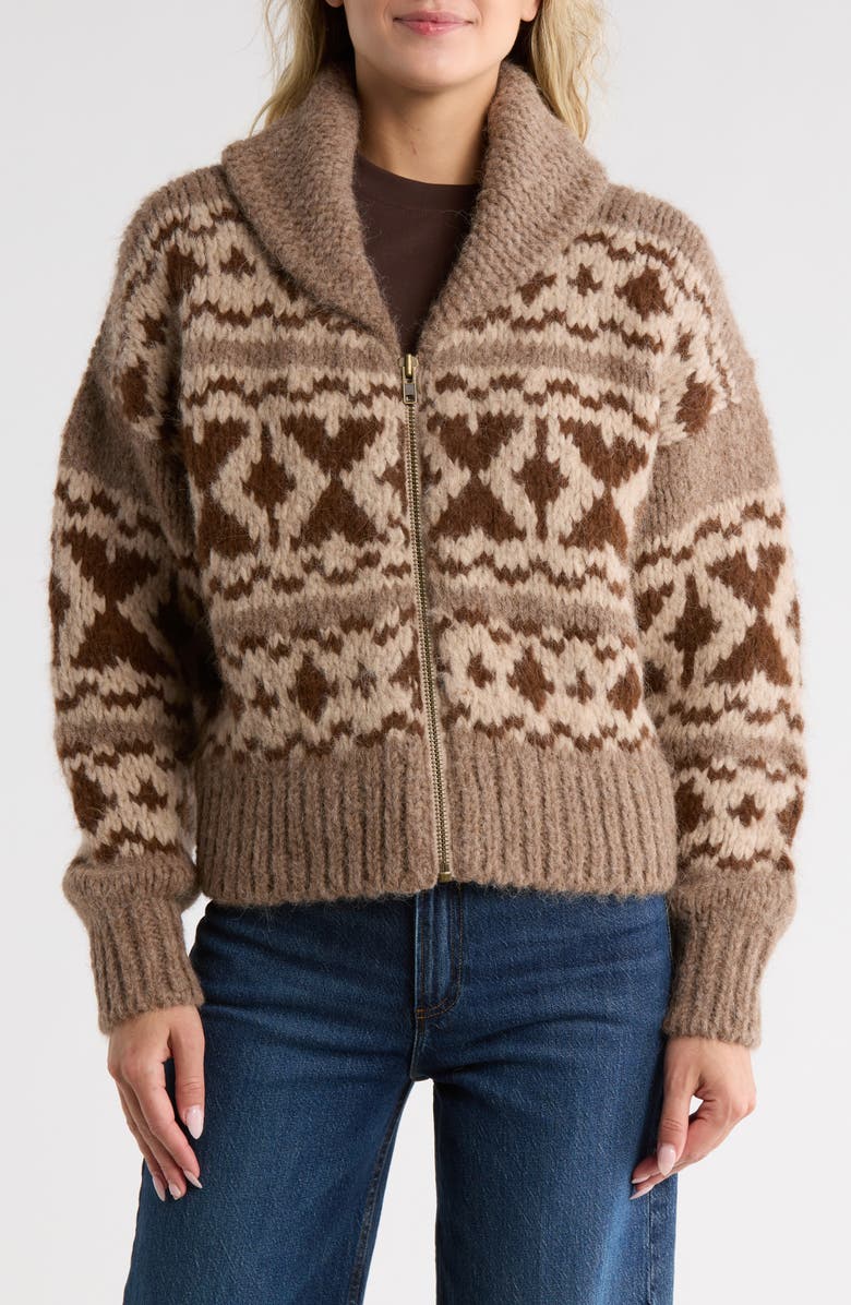 FRAME Fair Isle Shawl Collar Zip Alpaca Blend Sweater, Main, color, 