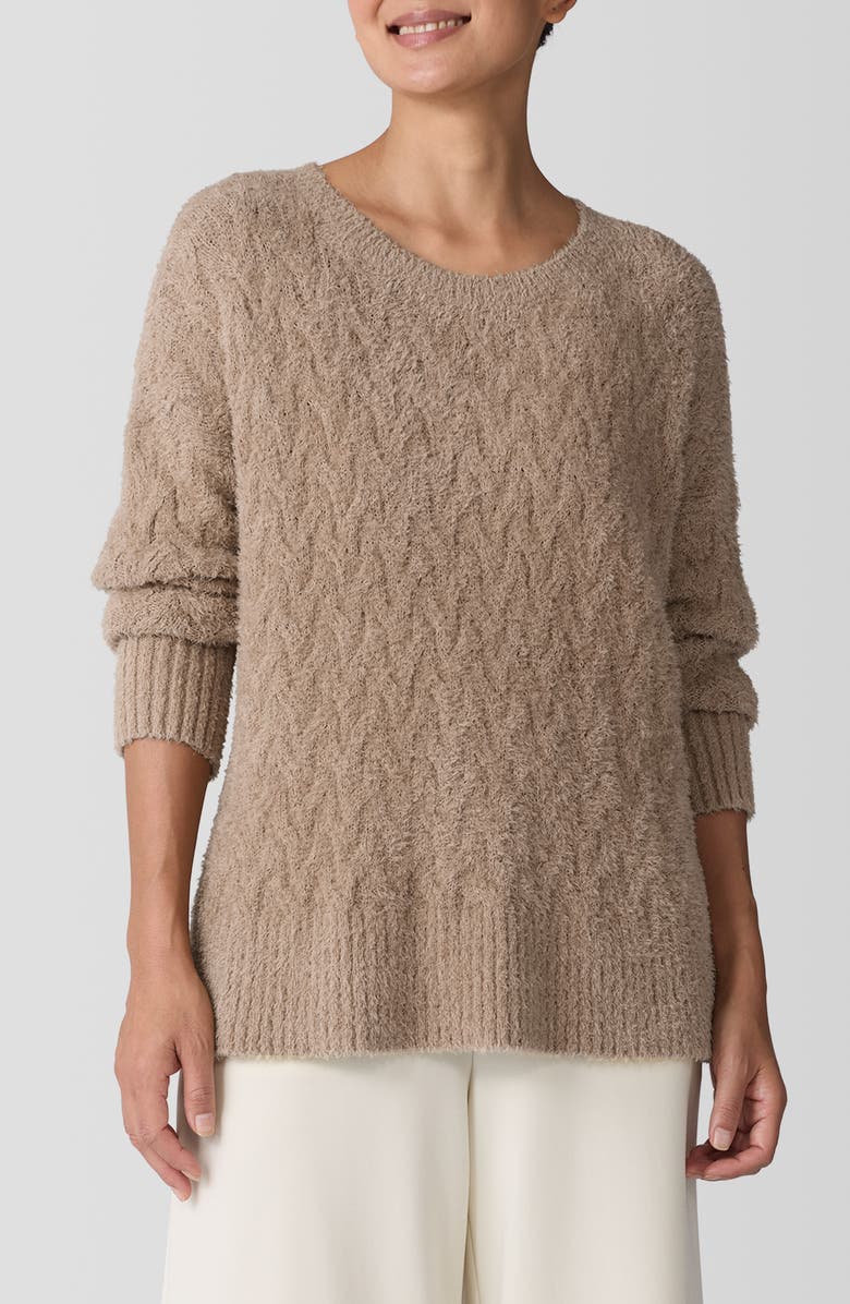 Eileen Fisher Crewneck Organic Cotton Bouclé Sweater, Main, color, Biscuit