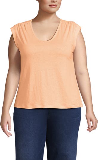 売れ筋商品|||ランズエンド カットソー トップス レディース Plus Size Linen Blend Cap Sleeve Gathered Shoulder Tee Ivory Lands' End Linen Blend Cap Sleeve Gathered Shoulder Tee