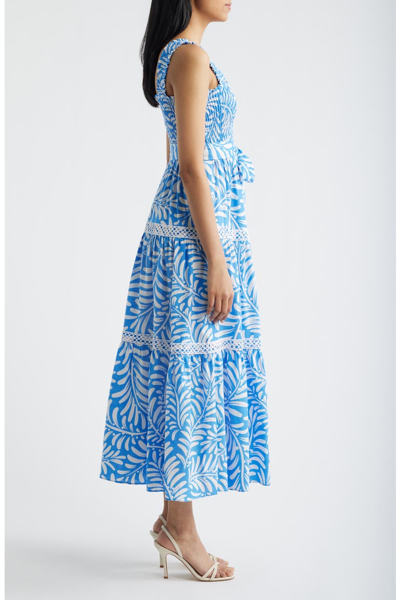 Floral Print Linen Blend Midi Dress, Alternate, color, SEAPORT/ CRISPT WHITE