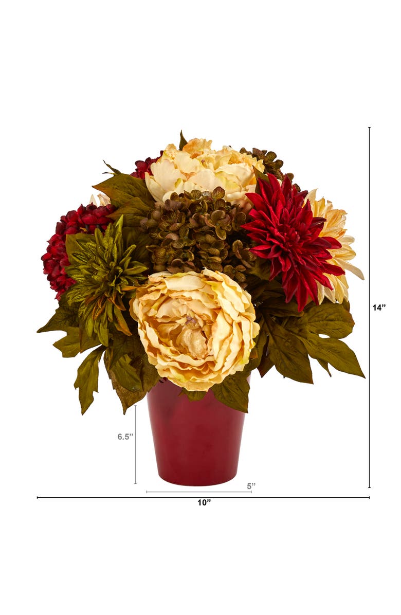 NEARLY NATURAL 14-in Peony, Hydrangea and Dahlia Artificial Arrangement in Burgundy Vase, Alternate, color, Red/Cream