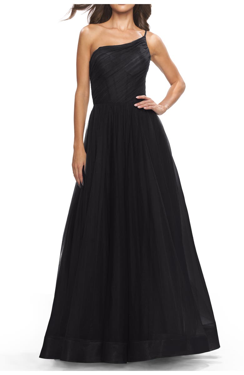 La Femme One Shoulder A-Line Tulle Gown with Sheer Bodice, Alternate, color, Black