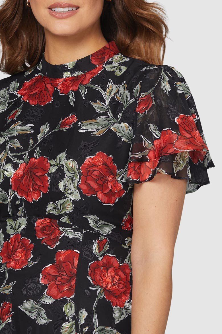 Floral Burn Out Ruffle Midi Dress, Alternate, color, Black