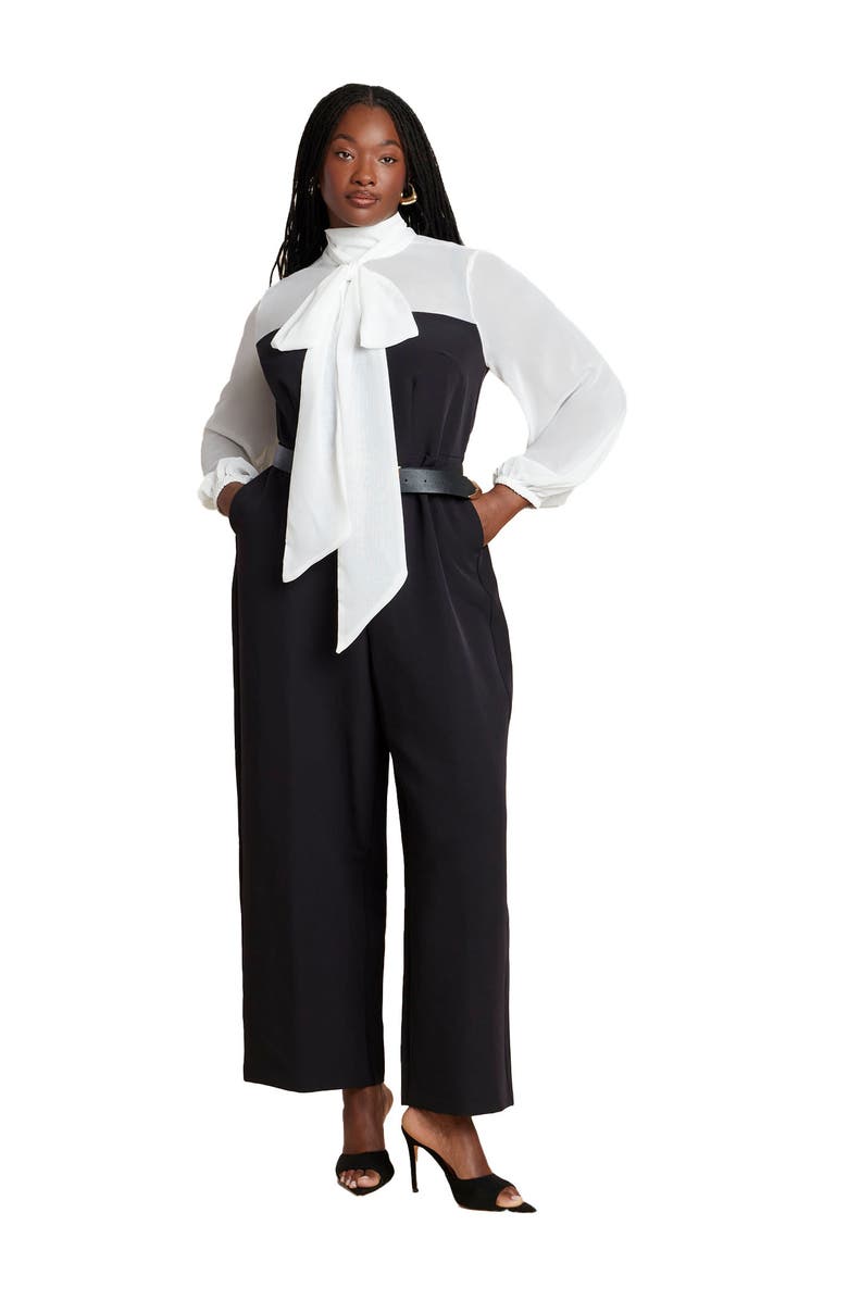 ELOQUII Twofer Tie Neck Jumpsuit, Main, color, Black Onyx