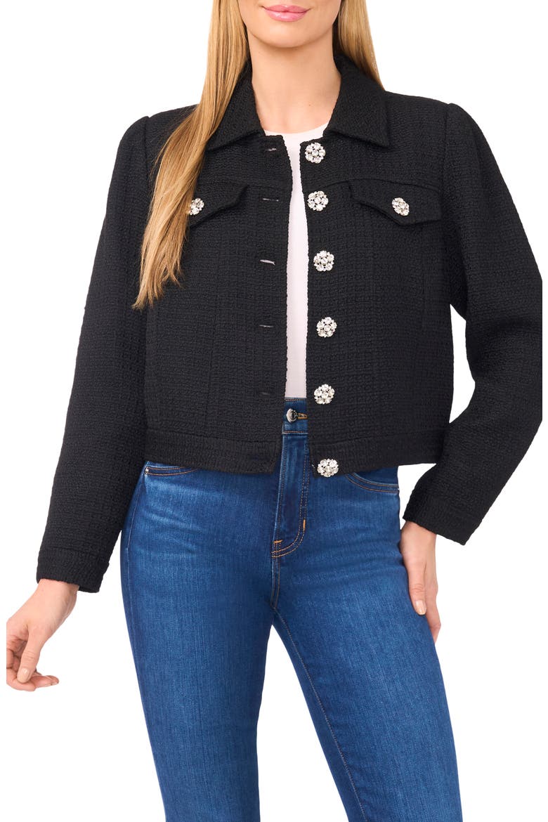 Crystal Floral Button Jacket, Main, color, RICH BLACK