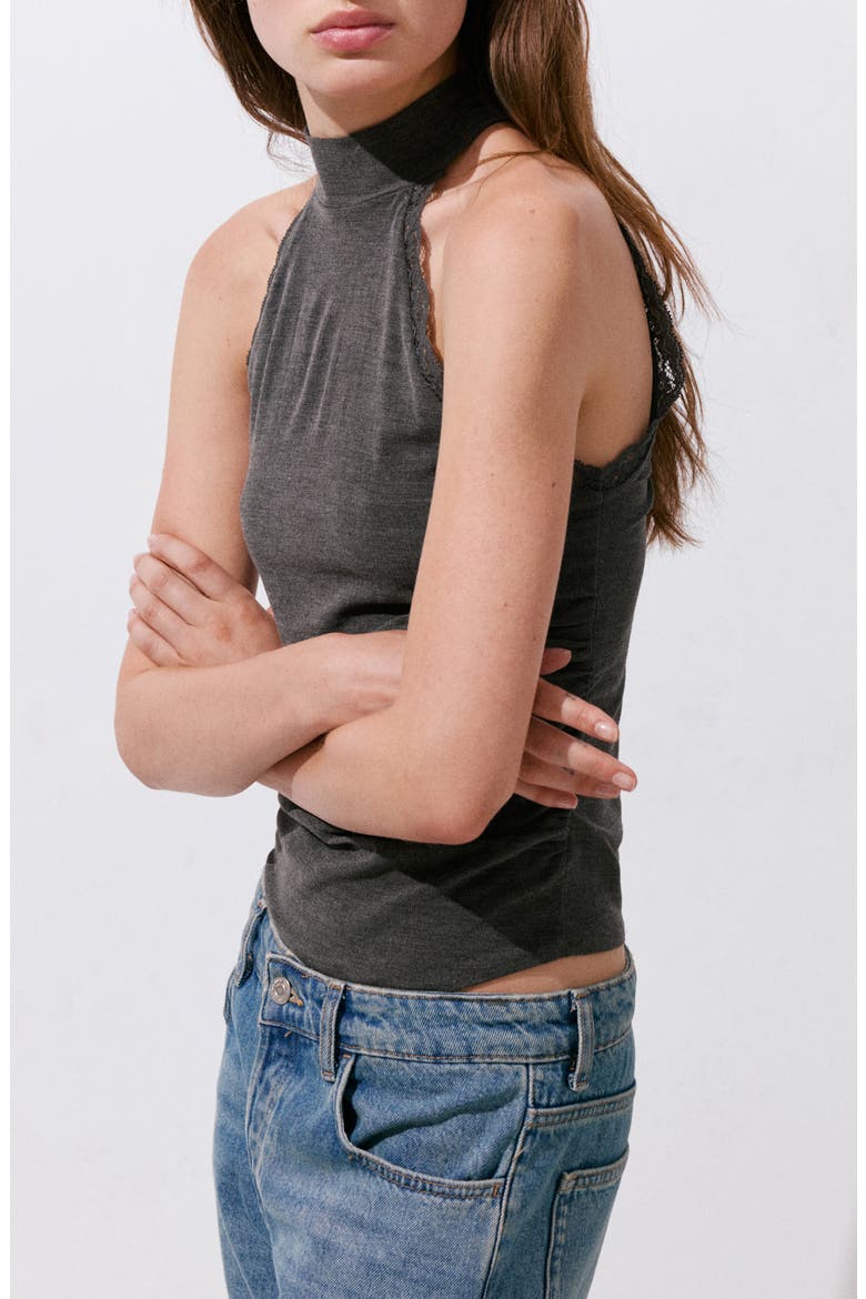 Lace Trim Mock Neck Top, Alternate, color, GREY