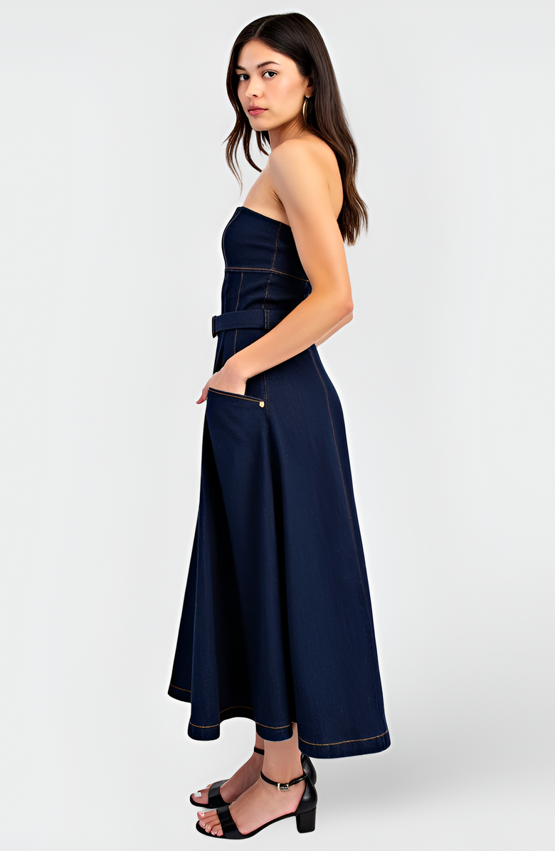 Modenaire Strapless Denim Midi Dress with Belted Waist, Contrast Stitching and Pockets, Alternate, color,