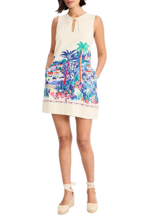 Placed Print Sleeveless Linen Blend Minidress