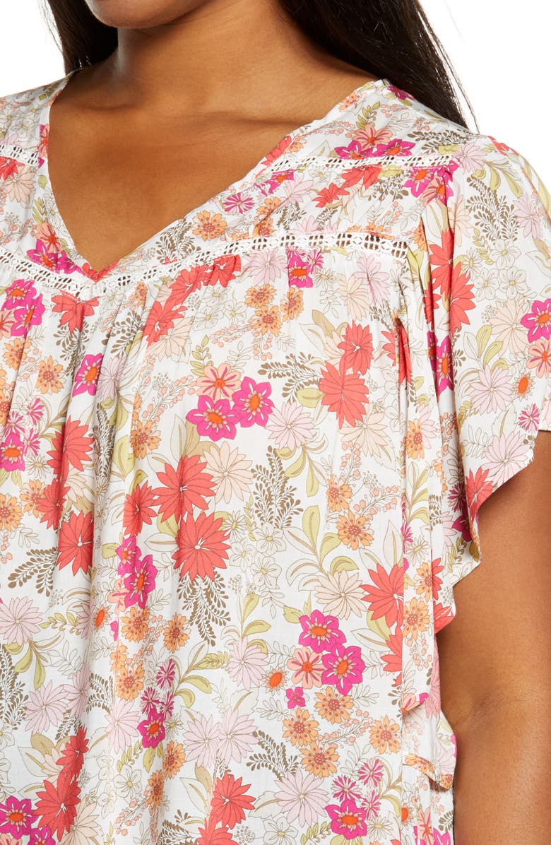 Democracy Floral Flutter Sleeve Top, Alternate, color, Off White/ Bittersweet