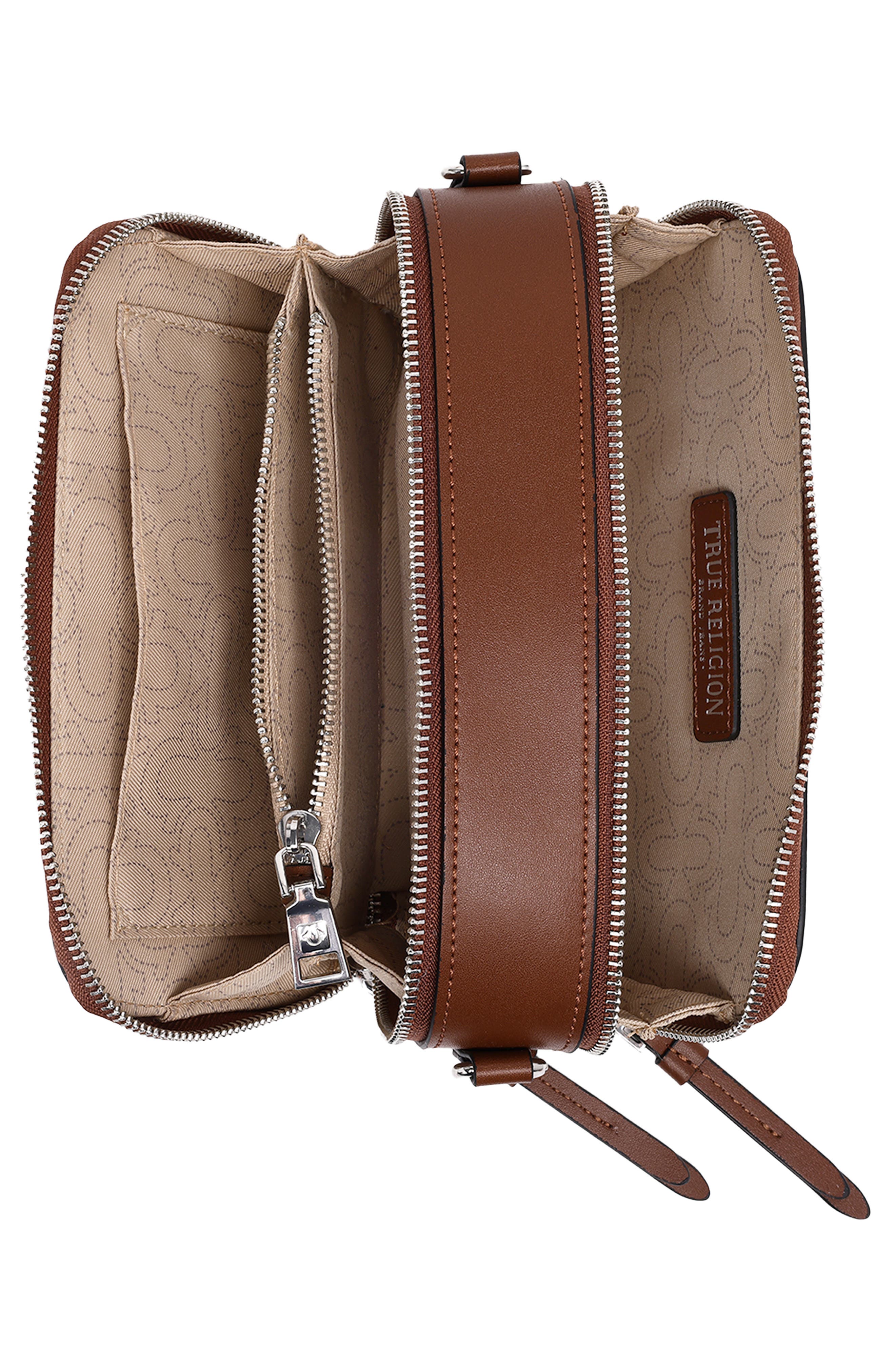 True Religion Double Zip Horseshoe Camera Bag, Alternate, color, Brown