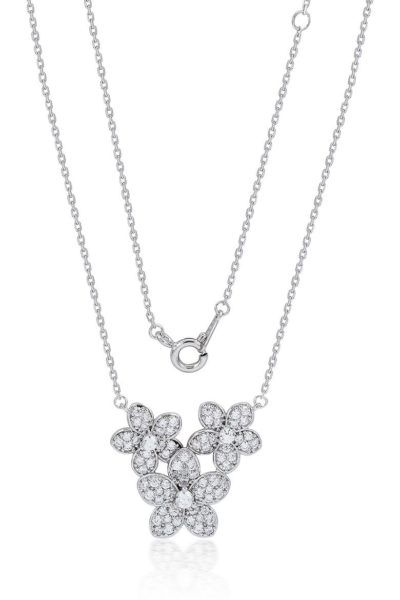 Trio of Flowers Cubic Zirconia Pavé Station Necklace, Alternate, color, WHITE