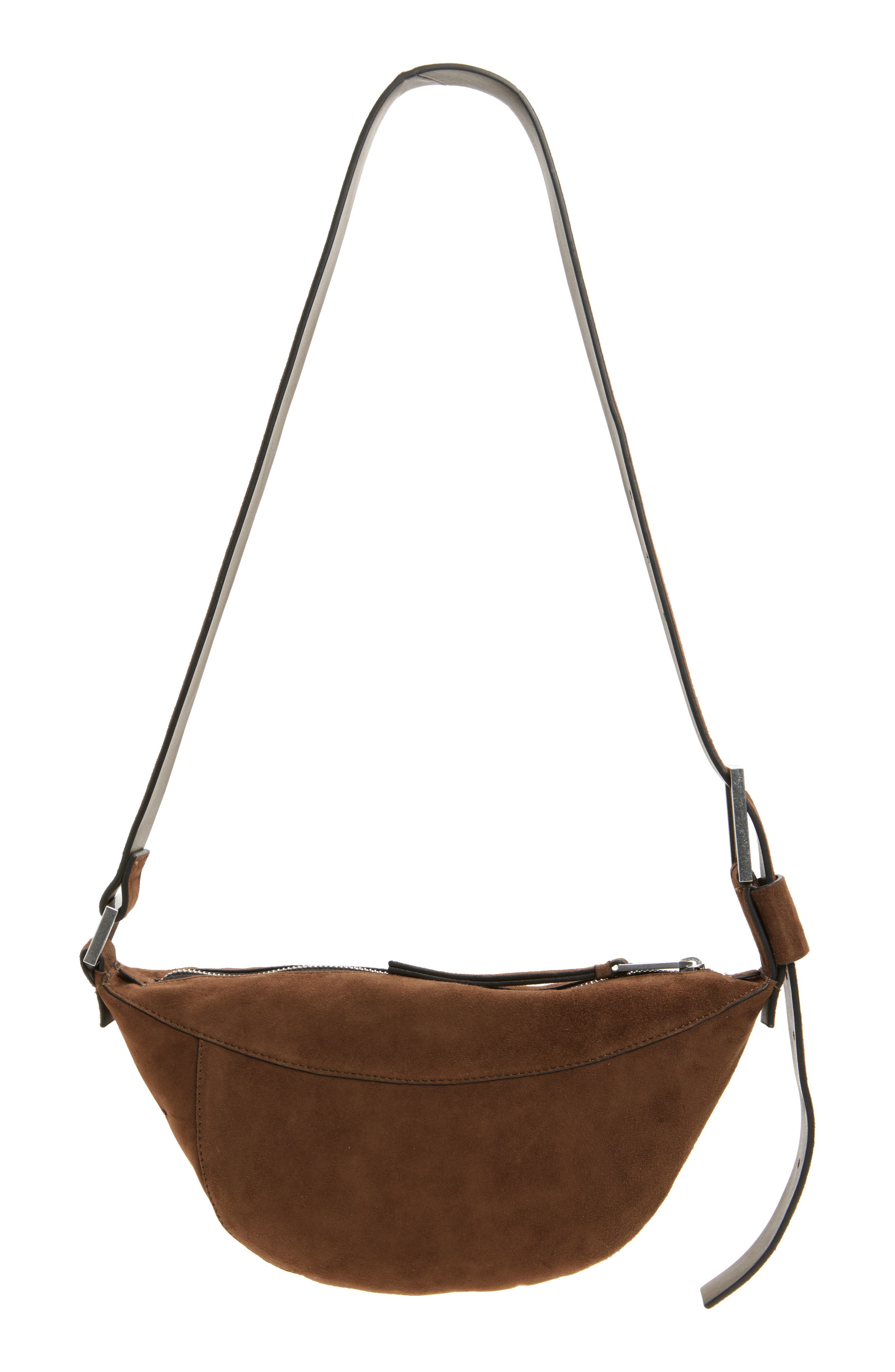 AllSaints Luna Suede Crossbody Bag, Alternate, color, Fango Brown