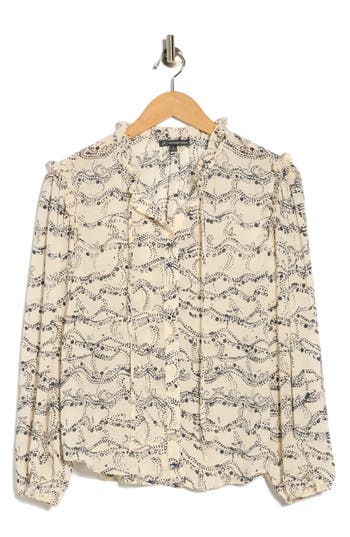 Adrianna Papell Ruffle Split Neck Long Sleeve Button-up Shirt In Neutral